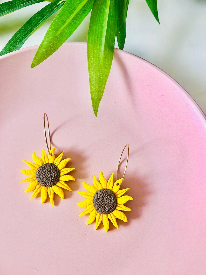 Ayla/ Polymer Clay Sunflower Statement Earrings/Gift for her/ Gold plated/Sunflower Hoop image 4