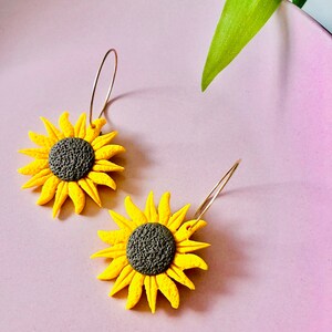 Ayla/ Polymer Clay Sunflower Statement Earrings/Gift for her/ Gold plated/Sunflower Hoop image 3