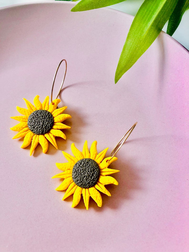 Ayla/ Polymer Clay Sunflower Statement Earrings/Gift for her/ Gold plated/Sunflower Hoop image 3