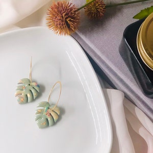 Monstera Leaf Earrings | Polymer Clay Earrings | Gold Plated Brass Hoop| Sage Green Earrings | Gift For Her