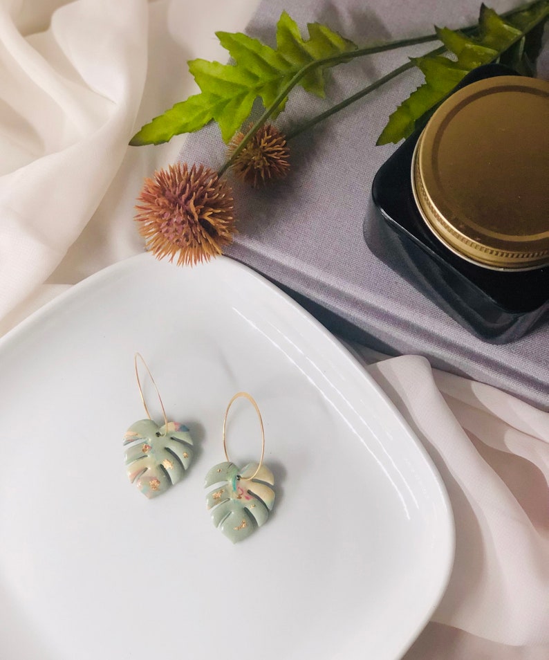 Monstera Leaf Earrings Polymer Clay Earrings Gold Plated Etsy