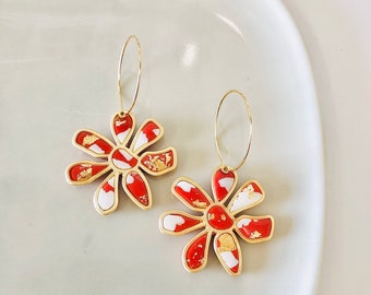 Eliza/ Polymer Clay Statement Terrazzo Flower Hoop Earrings/ Gift for her/ Gold plated/ Dangle Drop Earrings