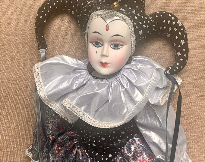 Vintage 80's Jester Clown Doll Clown Porcelain Black Silver Metallic