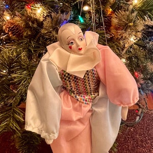 Vintage Pierrot Porcelain Clown Pillow Swing with Heart Satin Metallic Pink Yellow Green Blue White Orange Toy Collectibles