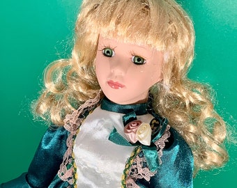 VINTAGE 16" Porcelain Doll Victorian Vintage Green Beige Rose Cream Blonde Toy Collectibles