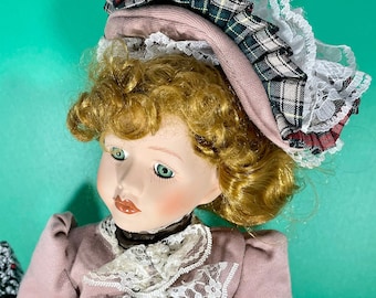 17" Porcelain Bisque Vintage Doll Red Hair Auburn Lace Pink Mauve Dress Collectibles Toy