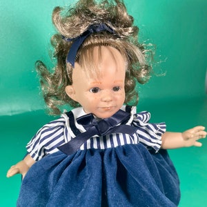10&quot; Hard Plastic Doll Vintage Posable Freckled Girl Velvet Dress White Blue Striped Bow Short Light Brown Hair in a Bow