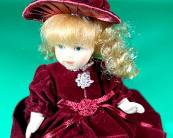 4" Miniature Porcelain Sitting Doll Burgundy Velvet Cream Embroidery Red Satin Bow Mini Collectible Dolls