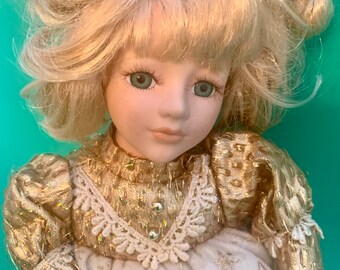 12" MUSICAL Vintage Doll Collectors Choice Porcelain Strawberry Blonde Cream Gold Metallic Gold Gown Iridescent Hair Blows Knit Stockings