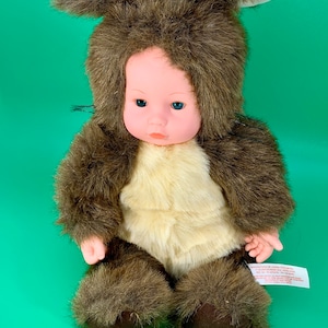 Anne Geddes 15&quot; Bean Bag Plush Sleeping Baby Doll Brown Rubber Face Animal Plushie Vintage Collectibles