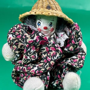 Vintage Clown Cloth Head Sand Weighted Body Doll Straw Hat Floral Pink Black Pink Jumpsuit Toy Collectibles Collector