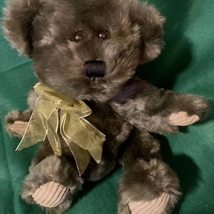 VINTAGE Charcoal Gray Plush Bear Gold Chiffon Bow Corduroy Paws Fur Stuffed Animal  Toys Collectibles Toy Collector Plushie