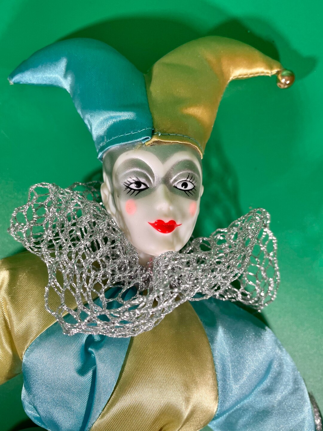Vintage 80's Jester Clown Doll Clown Porcelain Blue Gold Metallic