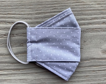 Gray with White Polka Dots! Soft loops! Adults, Kids and Toddlers Face Mask-3D/Origami style 3-Fabric Layers. Nose wire and filter pocket