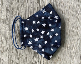 White Stars on Blue Batik! Adjustable available! Adult, Kids, Toddlers Mask - 3-Fabric Layers 3D/Origami style w/nose wire, filter pocket