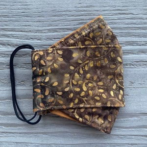 Beautiful gold/brown batik! Adjustable available! Adult, Kids and Toddlers  - 3-Fabric Layers 3D/Origami style w/nose wire and filter pocket