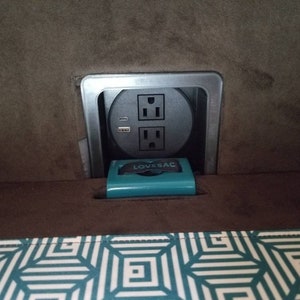 May include: A close-up of a power outlet with two standard sockets and a USB port. The outlet is mounted in a brown wall and is surrounded by a silver trim. A small teal box with the word "Lovesac" printed on it is sitting in front of the outlet.