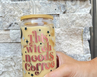 Halloween Iced Coffee Glass, Glass Coffee Cup,Iced Coffee Glass for Spooky Season, Witch Coffee Glass, 16oz beer Can Glass with Bamboo Lid