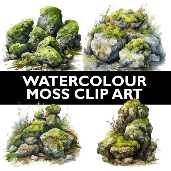 Watercolour Moss Clipart - Mossy Rocks and Stones Botanical PNG Format - Instant Download