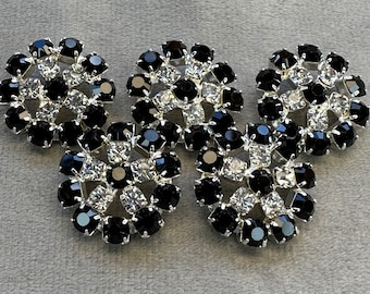 Rhinestone buttons black and silver in a silver-tone metal setting 23mm a set of 5