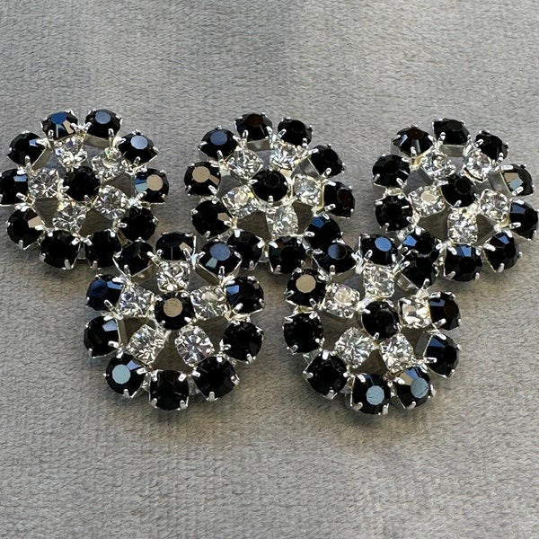 Rhinestone buttons black and silver in a silver-tone metal setting 23mm a set of 5