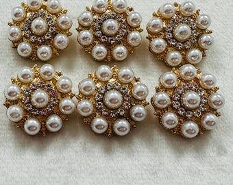 Botones de imitación de perlas de 20 mm, juego de seis unidades, en metal dorado con adornos de diamantes.