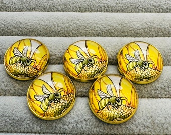 Botones Honey Bee de vidrio y metal 21 mm en juego de 5