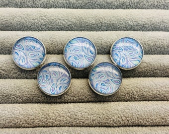 Paisley buttons blue and silver effect glass and metal 21mm a set of 5