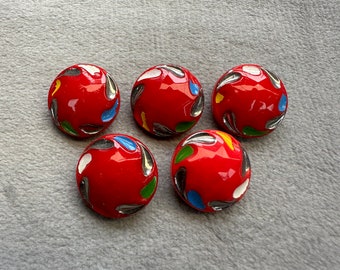 Vintage glass buttons red painted design 16mm a set of 5