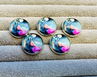 Mermaid buttons multicoloured 21mm a set of 5 glass and metal