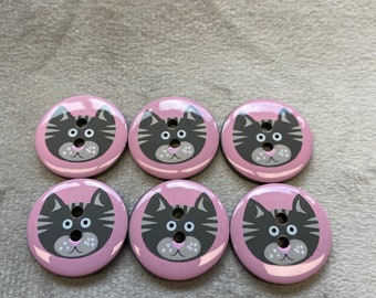 Grey cat face buttons on a pink background 18mm a set of 6