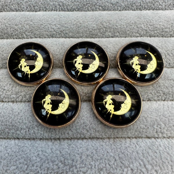 Crescent moon buttons black and gold tone 21mm a set of 5