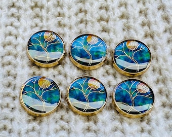 Botones Azul Luna de 18 mm – Metal tono dorado y esmalte con efecto gota de aceite – Juego de 6