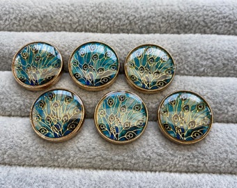 Enamel buttons Peacock feathers turquoise and gold 17mm a set of 6