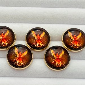 Può includere: Set di cinque bottoni rotondi con bordo dorato. Ogni bottone presenta un disegno di fenice nei toni del rosso, arancione e giallo su uno sfondo marrone scuro. I bottoni sono presentati su una superficie bianca strutturata.