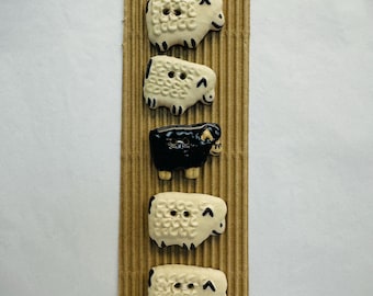 Ceramic Sheep Buttons: 32mm, White & Black, Set of 5