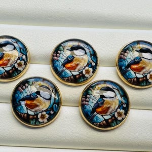 May include: Five round, gold-toned buttons with a colorful bird design. Each button features a detailed illustration of a bird with a black head, orange chest, and blue wings, surrounded by floral and leaf accents.