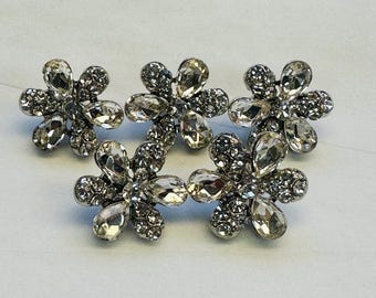 Rhinestone buttons flower design Silver tone 15mm sold as a set of five buttons