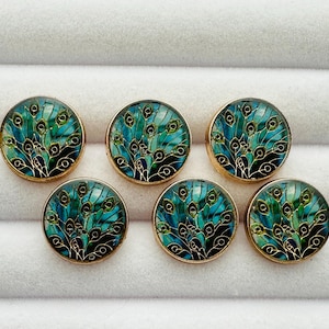 Peacock feather buttons 18mm oil drop enamel on metal sold as a set of six buttons