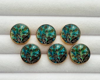 Peacock feather buttons 18mm oil drop enamel on metal sold as a set of six buttons