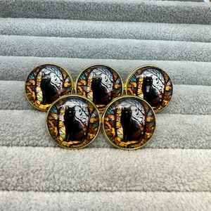 Black cat buttons artistic design in glass and metal 21mm a set of 5