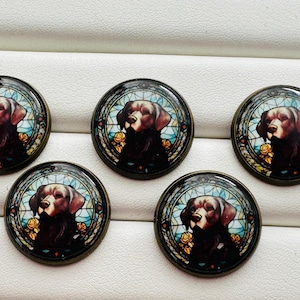 Può includere: Cinque cabochon rotondi color bronzo con un ritratto di cane marrone in stile vetrata. Il cane ha il muso marrone chiaro e il corpo marrone scuro, su uno sfondo blu e giallo.