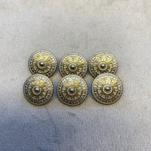 Metal buttons gold and silver tone compass design vintage 15mm a set of 6