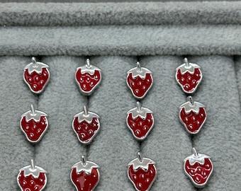 Strawberry buttons red and silver effect 9mm a set of 12