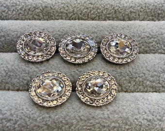 Rhinestone buttons silver in a metal setting oval design 13mm a set of 5