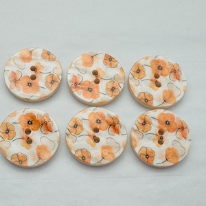 Botones con estampado de flores naranjas: acabado perlado, juego de 6 (23 mm)