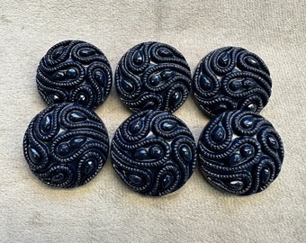 Textured buttons navy blue paisley design 28mm a set of 6