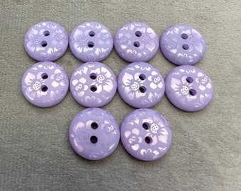 Flower buttons lilac etched design 14mm a set of 10