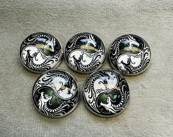 Dragon buttons black and white 21mm a set of 5 glass and metal