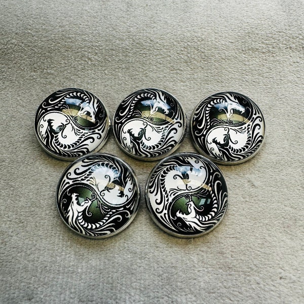 Dragon buttons black and white 21mm a set of 5 glass and metal